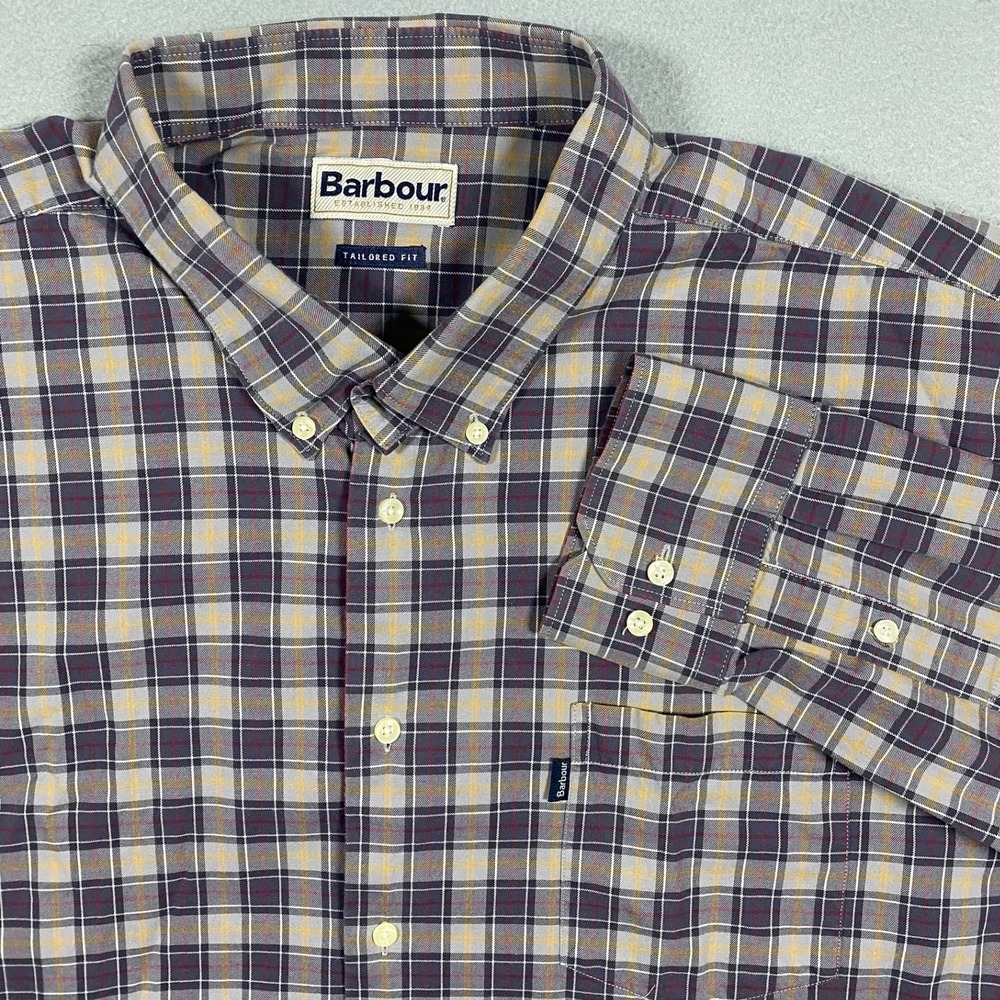 Barbour Malcolm Button Down Mens XXL Purple Grey Plaid Tailored‎ Fit